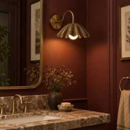 Handcrafted Scalloped Brass Wall Sconce, Fluted Shade, Antique Finish, Mid-Century Lamp - thumbnail 2