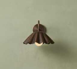Scalloped Wall Sconce, Antique Brass Light, Vintage Fluted Shade, Bedroom Lamp, Mid Century Hardwired Or Plug In