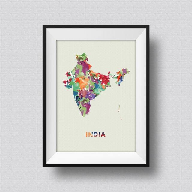 India Watercolor Map Art Print Poster Canvas