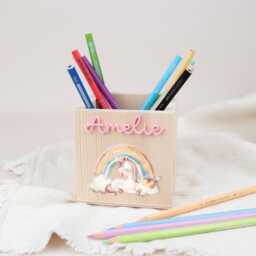 Personalized Wooden Pencil Holder, Rainbow Unicorn Christmas Gift For Girls Starting School, Schoolchild Decoration Children's Room - thumbnail 1