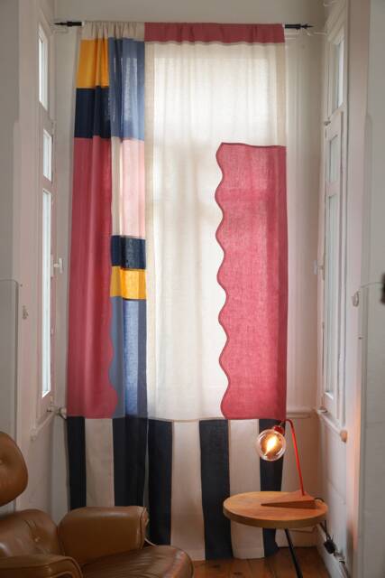 Pink Wavy Design Linen Curtain/Pop Art Sheer Modern Textile Boho Style Drapery Natural Window Panel - image 1