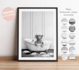 Black & White Fox Red Labrador Retriever Dog in A Bath Print, Bathing, Funny Bathroom Animal Bathtub, Tub Print - thumbnail 1