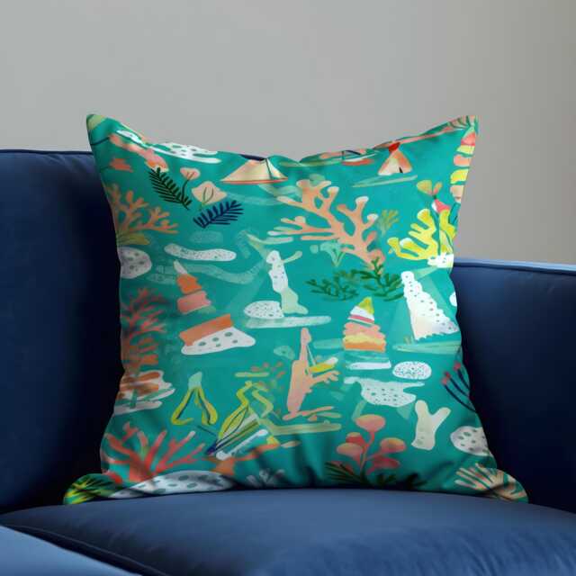 Teal Coastal Reef Cushion Cover, Ocean Inspired Pillow Case, Abstract Coral Sea Pattern Colorful Decorative Sofa Throw Pillowcase - image 1