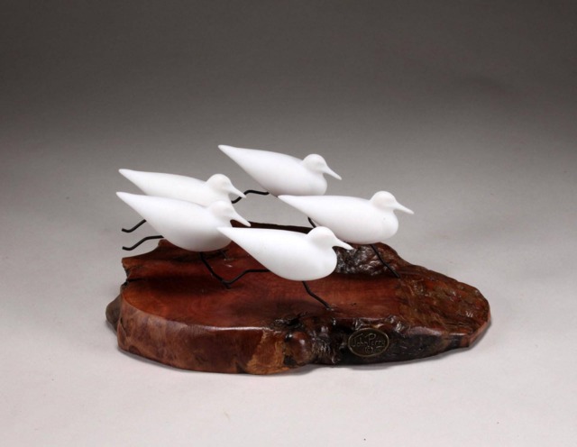 Sandpiper Flock By John Perry 7In Long 5 Birds Sculpture On Burl Wood - image 1
