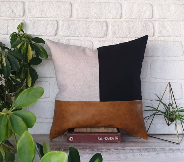 Color Block Pillow Cover Camel Faux Leather, Black Fabric & Linen - image 1