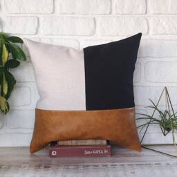 Color Block Pillow Cover Camel Faux Leather, Black Fabric & Linen - thumbnail 2