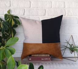 Color Block Pillow Cover Camel Faux Leather, Black Fabric & Linen - thumbnail 1