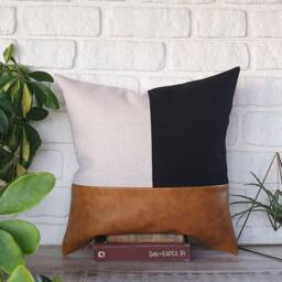 Color Block Pillow Cover Camel Faux Leather, Black Fabric & Linen - thumbnail 3