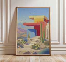 Modern Desert House Poster, Mid Century Architecture Wall Art, Colorful Geometric Print, Southwest Landscape Retro Home Decor - thumbnail 1