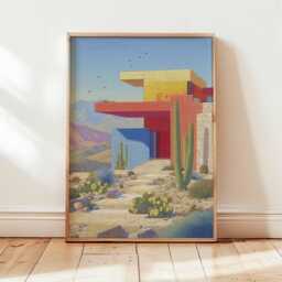 Modern Desert House Poster, Mid Century Architecture Wall Art, Colorful Geometric Print, Southwest Landscape Retro Home Decor - thumbnail 3