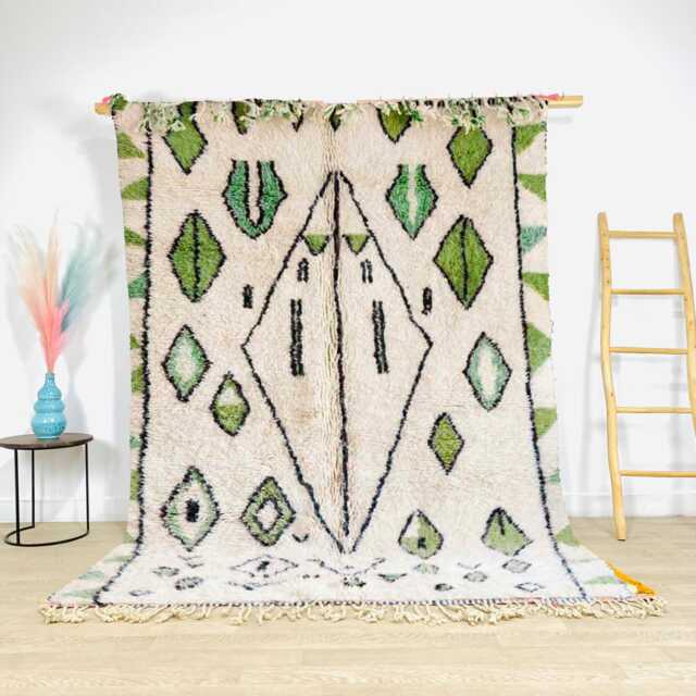 White Moroccan Berber Rug With Green Pattern, Shag Rug, Large 9x12 Handmade Area - image 1