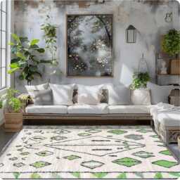 White Moroccan Berber Rug With Green Pattern, Shag Rug, Large 9x12 Handmade Area - thumbnail 4