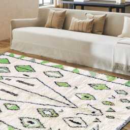White Moroccan Berber Rug With Green Pattern, Shag Rug, Large 9x12 Handmade Area - thumbnail 3