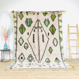 White Moroccan Berber Rug With Green Pattern, Shag Rug, Large 9x12 Handmade Area - thumbnail 1