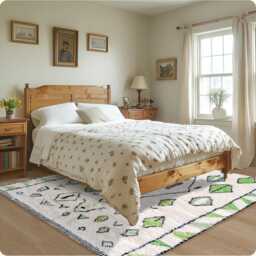 White Moroccan Berber Rug With Green Pattern, Shag Rug, Large 9x12 Handmade Area - thumbnail 2