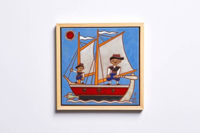 Fishermen Greek Art Ceramic Tile Lake House Wall Fishing Boat Decor Seaman Gift Turquoise Painting For Him Nautical - image 1