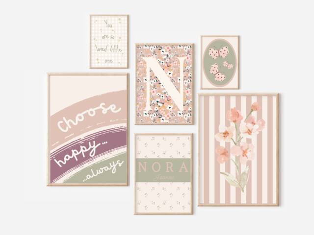 Set Of Girls Room Or Nursery Prints Including A Personalised Initial & Name Print. Gallery Wall - Prints Only, Unframed - image 1