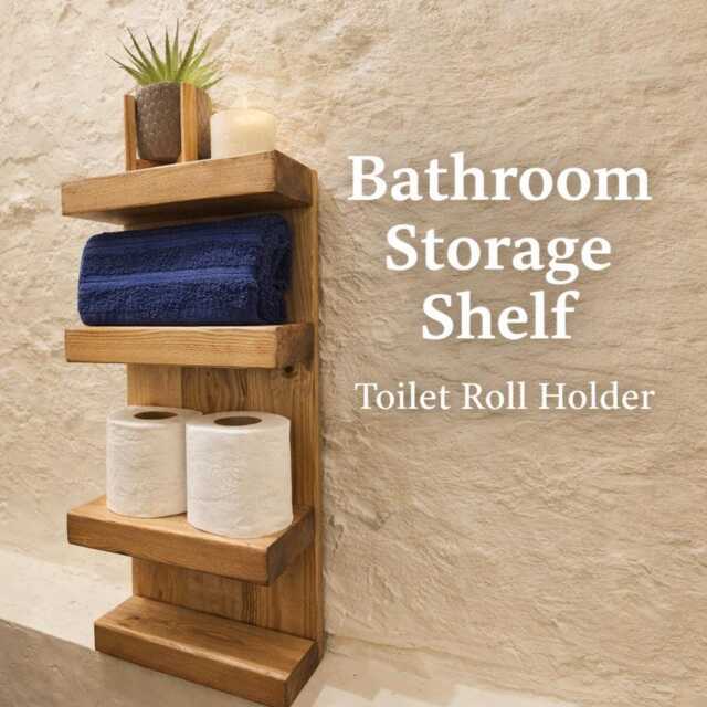 Rustic Bathroom Shelf Unit - Wooden Toilet Roll Holder Storage Farmhouse Wall Paper Small Bathroo - image 1