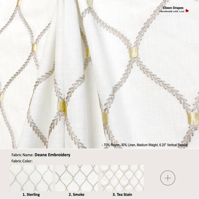 Deane Embroidery 7 Colors Lattice Ogee Ivory Embroidered Linen Blend Curtain, Valance Pleated, Lined Drapery Panel Offered As Upgrades - image 1