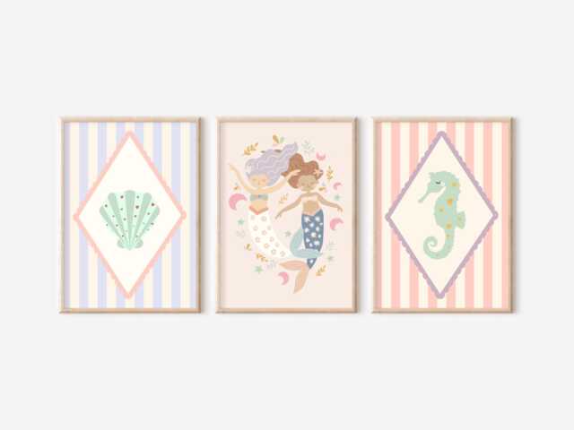 Bright Pastel Ocean, Mermaid & Shell Themed Prints For A Nursery, Little Girls Room Or Playroom. - Prints Only, Unframed - image 1