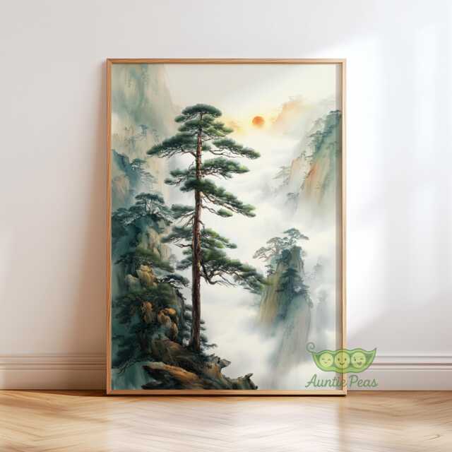 Japanese Mountain Landscape Print, Misty Pine Tree Wall Art, Traditional Asian Nature Decor, Zen Living Room Poster, Chinese Art - image 1