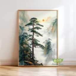 Japanese Mountain Landscape Print, Misty Pine Tree Wall Art, Traditional Asian Nature Decor, Zen Living Room Poster, Chinese Art - thumbnail 1