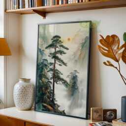 Japanese Mountain Landscape Print, Misty Pine Tree Wall Art, Traditional Asian Nature Decor, Zen Living Room Poster, Chinese Art - thumbnail 2