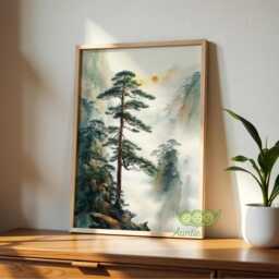 Japanese Mountain Landscape Print, Misty Pine Tree Wall Art, Traditional Asian Nature Decor, Zen Living Room Poster, Chinese Art - thumbnail 3