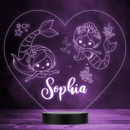 Girls Two Cute Mermaids Heart Personalised Gift Colour Change Led Night Light
