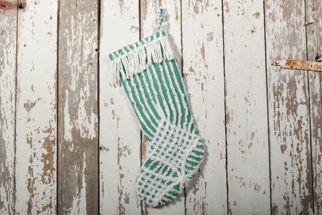 Fluffy Green & White Vintage Chenille Christmas Stocking With Matching Cuff - Wedding Ring, Flower - image 1