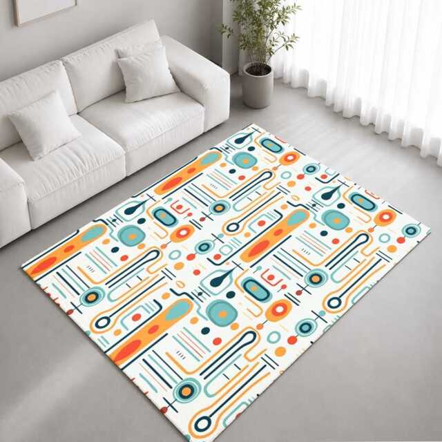 Cream Teal Orange Retro Atomic Pattern Rug Non-Slip Soft Area Carpet Bedroom Living Room Hallway Mat Decor - Made in UK - image 1