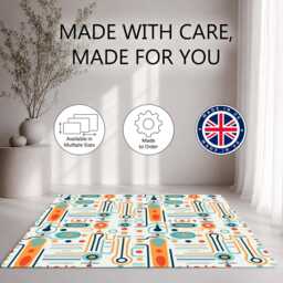 Cream Teal Orange Retro Atomic Pattern Rug Non-Slip Soft Area Carpet Bedroom Living Room Hallway Mat Decor - Made in UK - thumbnail 2