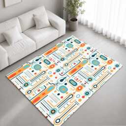 Cream Teal Orange Retro Atomic Pattern Rug Non-Slip Soft Area Carpet Bedroom Living Room Hallway Mat Decor - Made in UK - thumbnail 1