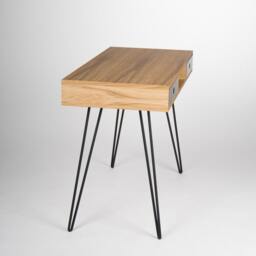 Oak Wood Home Office Desk - Mid Century Modern Bureau With Black Drawers, Steel Legs - thumbnail 2