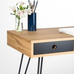 Oak Wood Home Office Desk - Mid Century Modern Bureau With Black Drawers, Steel Legs - thumbnail 3
