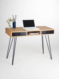 Oak Wood Home Office Desk - Mid Century Modern Bureau With Black Drawers, Steel Legs