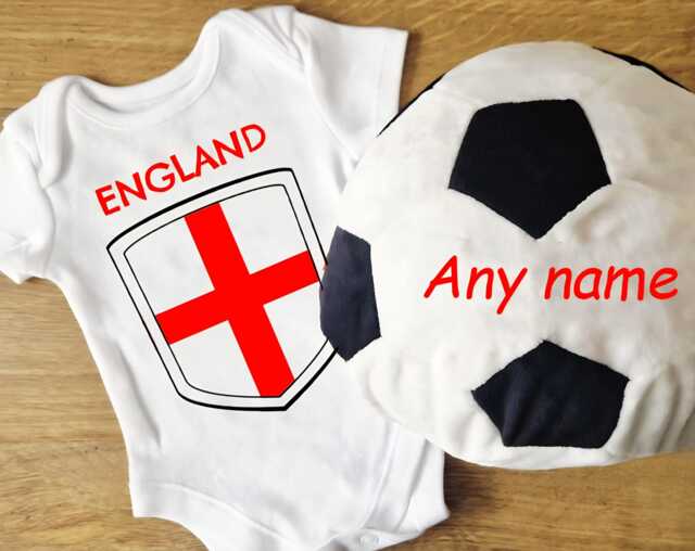 Personalised Embroidered England St George's Flag Soft Toy Football & Babygrow/Romper Tshirt Set - image 1