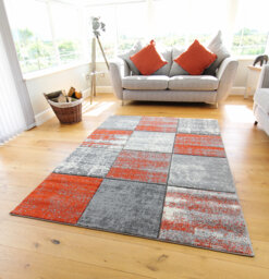 New Burnt Orange Silver Grey Cream Rugs Small Large Mats Modern Blocks Design UK