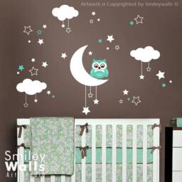Owl Wall Decal, Clouds Moon & Stars Decal For Nursery Baby Room, Sticker - thumbnail 2