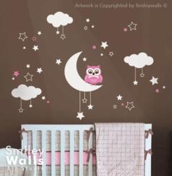 Owl Wall Decal, Clouds Moon & Stars Decal For Nursery Baby Room, Sticker