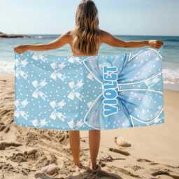 Personalized Bow Beach Towel With Name, Oversized Custom Monogram Pool Towel, Signature For Kids, Vacation Gift Tropical - thumbnail 3
