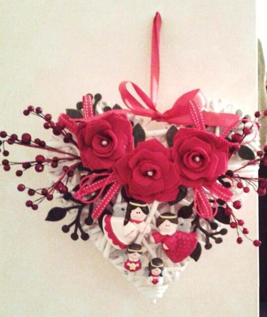 Garland Outdoor Base Heart Shaped White Wicker With Roses in Red Felt & Ceramic Powder Angels Hand Painted - image 1