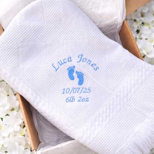 Personalised Baby Shawl Blanket New Shower Birth Announcement Gift Wrapped Boxed Embroidered Newborn - image 1