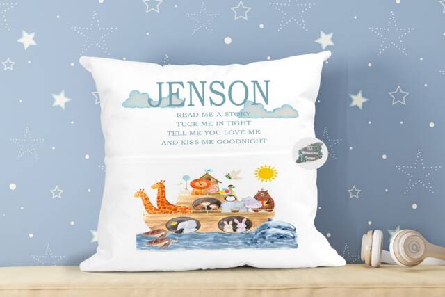 Personalised Noah's Ark Book Cushion, Kids Storytime Pillow - image 1
