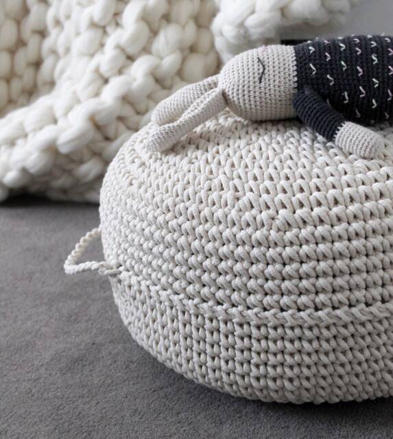 Ivory Crochet Pouf Ottoman Hand-Crocheted Cotton Footstool - image 1