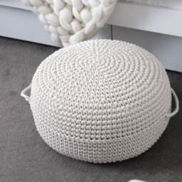 Ivory Crochet Pouf Ottoman Hand-Crocheted Cotton Footstool - thumbnail 2