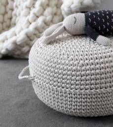 Ivory Crochet Pouf Ottoman Hand-Crocheted Cotton Footstool - thumbnail 1