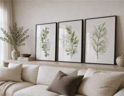 Set Of 3 Botanical Prints - Watercolor Wall Art - Minimalist Neutral Decor, Gold Eucalyptus Prints, Living Room Posters, Bedroom Framed