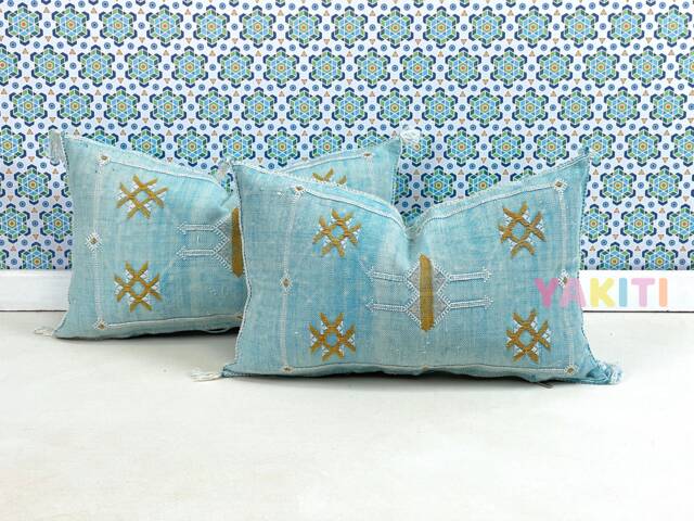 Yakiti-Turquoise Square Moroccan Pillows , Aka Cactus Silk Pillow, Decorative Pillows, Sabra Pillows, Moroccan Decor Designer Cactus - image 1