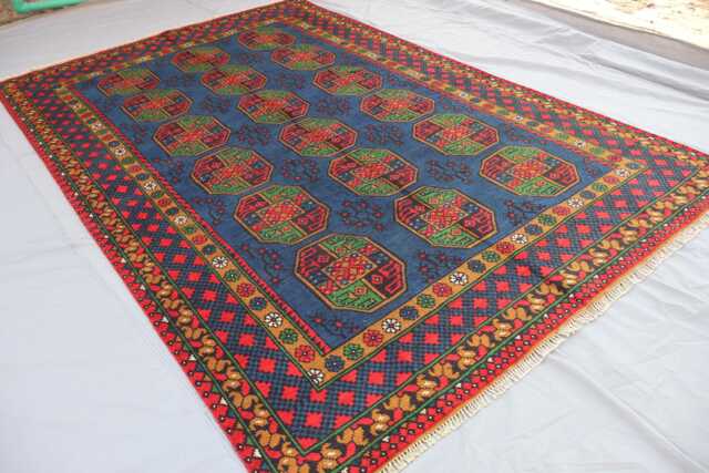 6'4x9'8 Ft Handmade Blue Rug, Afghan Ersari Tribal Veg Dyes Wool Area High Pile Soft Carpet, Oriental Turkmen Living Room Rug - image 1